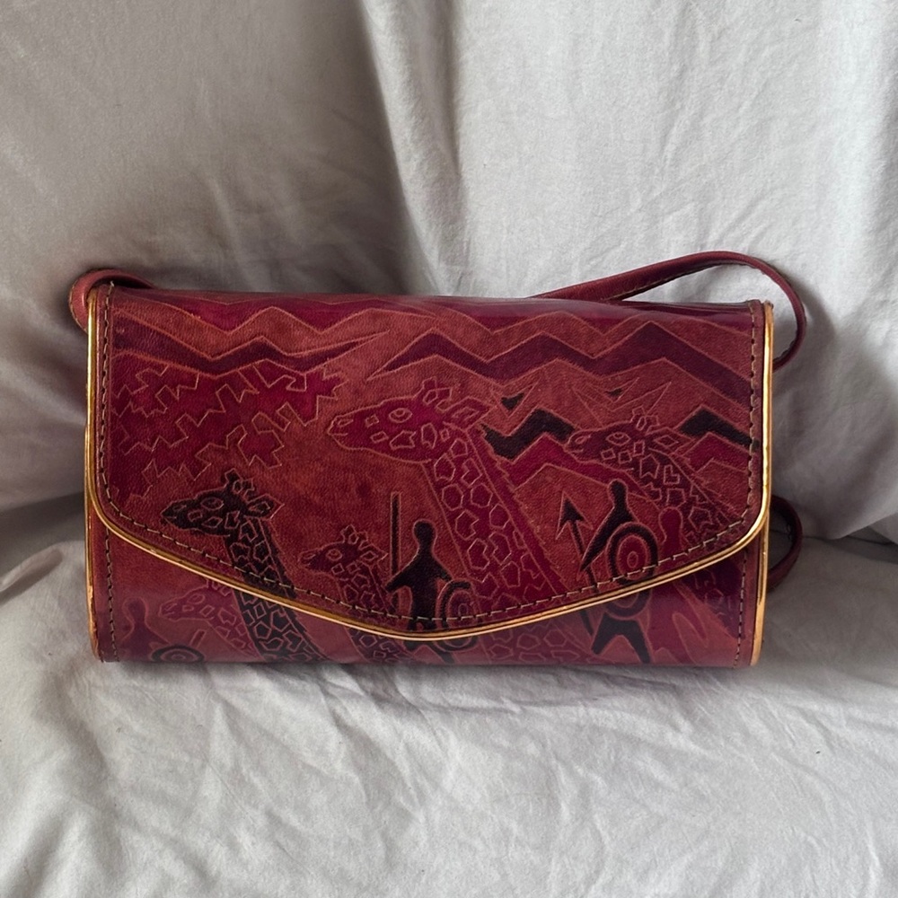 Leather Red/orange Giraffe/Tribal Print Purse